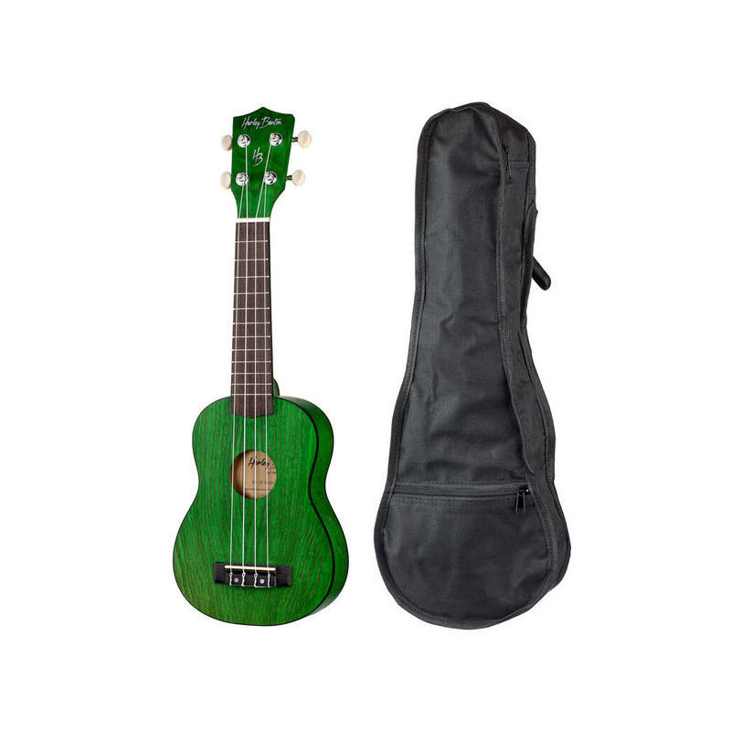 Zielona gitara ukulele z zielonym pokrowcem.