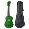 Zielona gitara ukulele z zielonym pokrowcem.