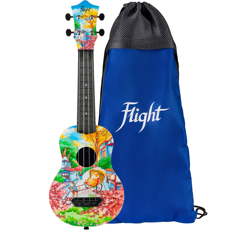 Ukulele z kolorowym wzorem i niebieskim pokrowcem z logo Flight