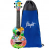 Ukulele z kolorowym wzorem i niebieskim pokrowcem z logo Flight