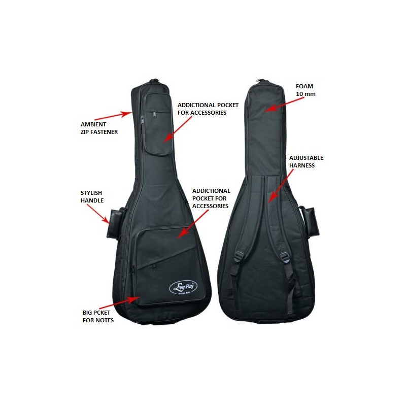 Czarny futerał na gitarę akustyczną z wieloma kieszeniami.