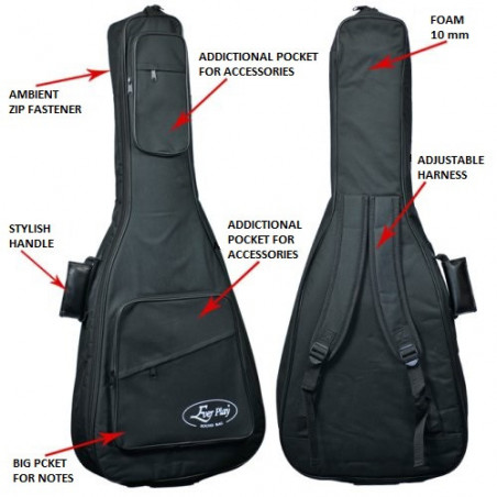 Czarny futerał na gitarę akustyczną z wieloma kieszeniami.
