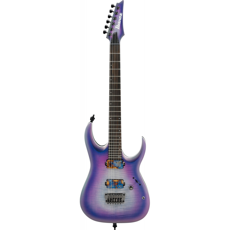 Gitara elektryczna Ibanez z fioletowym i niebieskim wykończeniem.