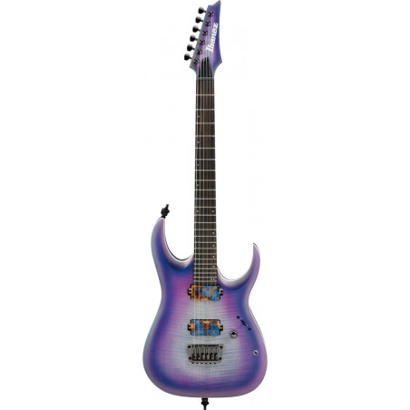 Gitara elektryczna Ibanez z fioletowym i niebieskim wykończeniem.