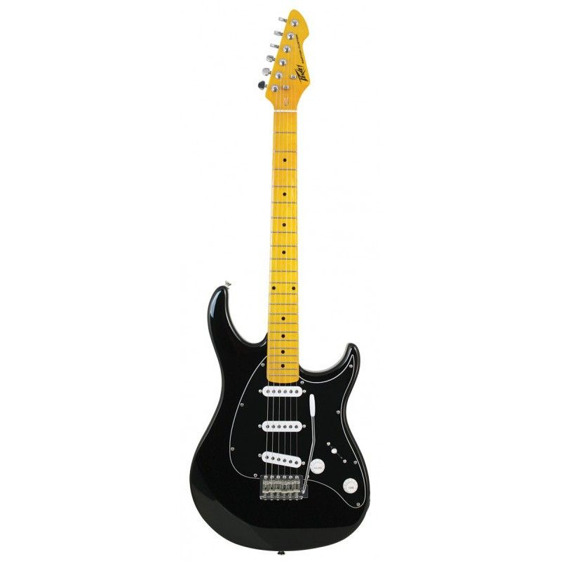 Czarna gitara elektryczna z żółtym gryfem.