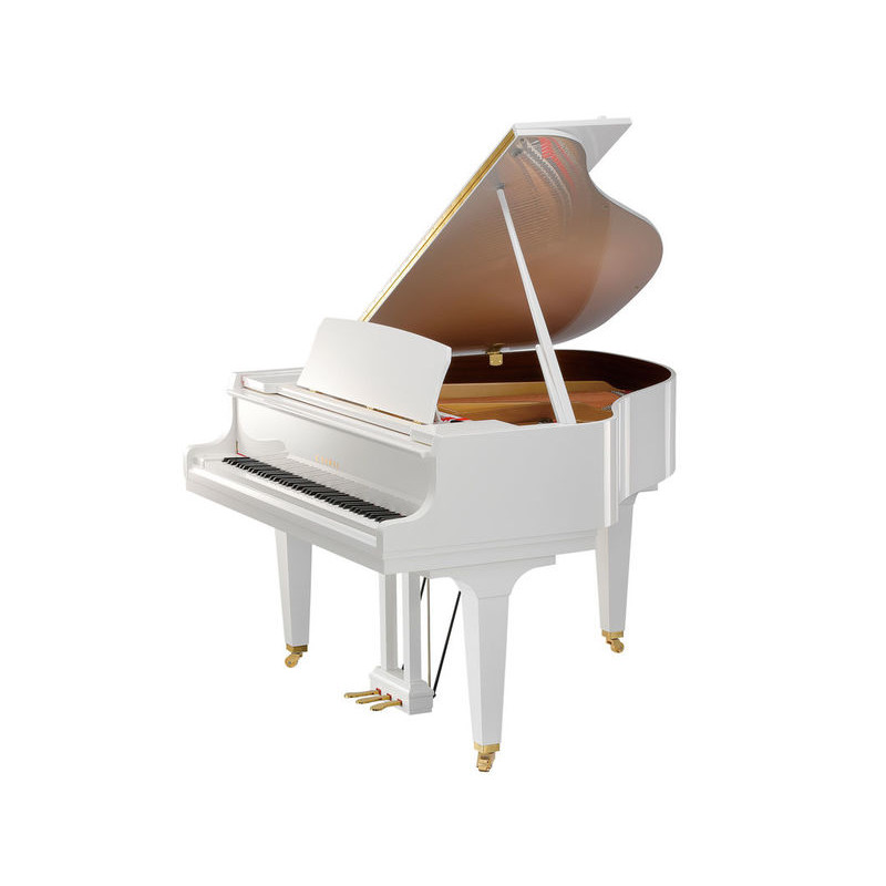 Białe fortepiano stojące z otwartą pokrywą