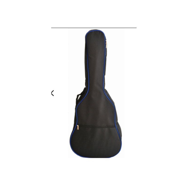 Czarny futerał na gitarę akustyczną z niebieskim obszyciem.