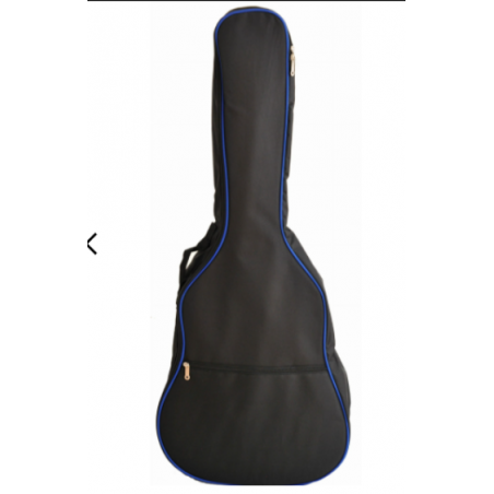 Czarny futerał na gitarę akustyczną z niebieskim obszyciem.