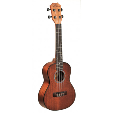 Gitara ukulele o mahoniowym kolorze, widoczne są struny i gryf.