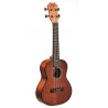 Gitara ukulele o mahoniowym kolorze, widoczne są struny i gryf.