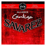 Logo marki Savarez na czerwonym tle. Na logo widnieje napis Cantiga, a pod nim Savarez.