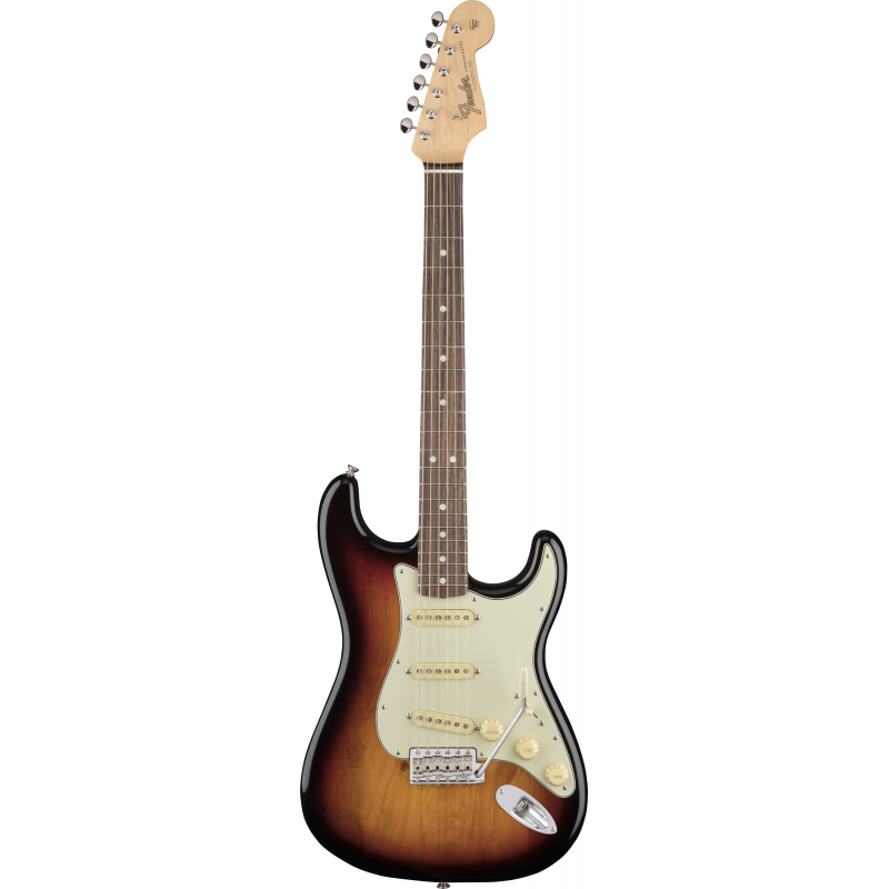 Gitarę elektryczną Fender Stratocaster w kolorze czarnym i brązowym.