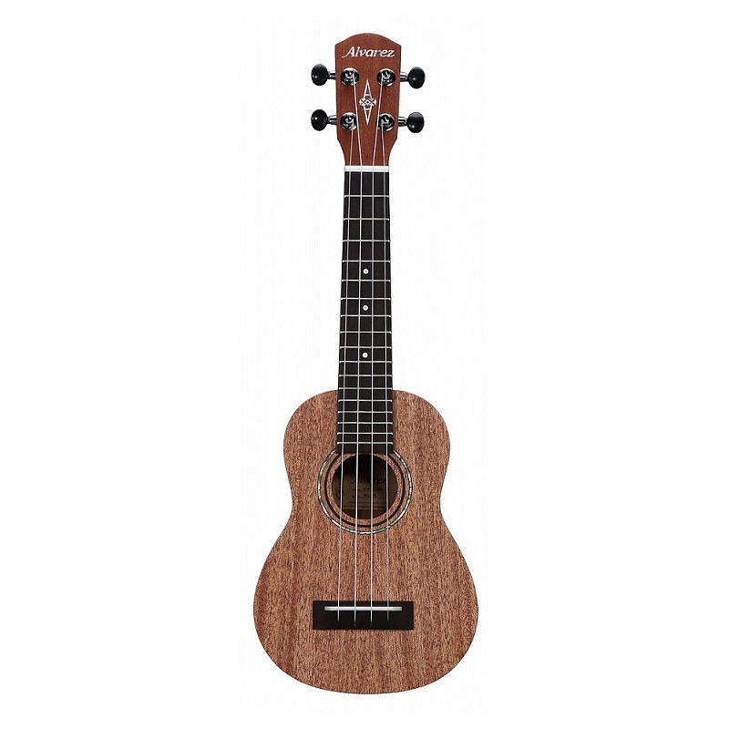 Gitarę akustyczną o kształcie ukulele z brązowym korpusem i gryfem.