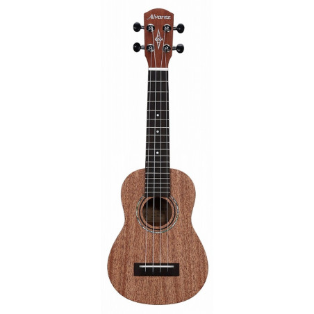 Gitarę akustyczną o kształcie ukulele z brązowym korpusem i gryfem.