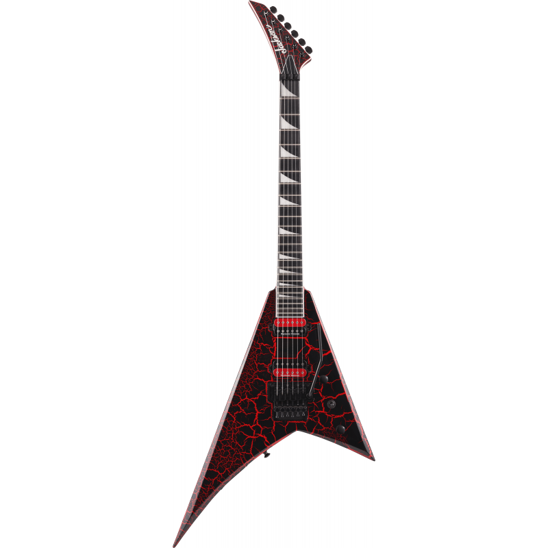 Czarno-czerwony elektryczny gitarowy instrument z sześcioma strunami, w kształcie odwróconego V. 