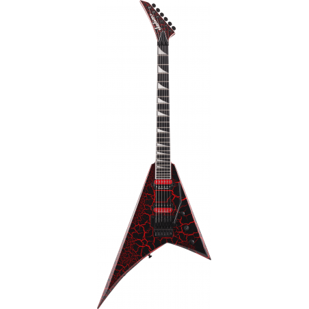 Czarno-czerwony elektryczny gitarowy instrument z sześcioma strunami, w kształcie odwróconego V. 