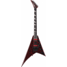 Czarno-czerwony elektryczny gitarowy instrument z sześcioma strunami, w kształcie odwróconego V. 