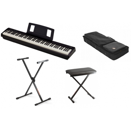 Czarny keyboard z czarnym stojakiem i czarnym krzesłem na białym tle. Obok keyboardu znajduje się czarny pokrowiec