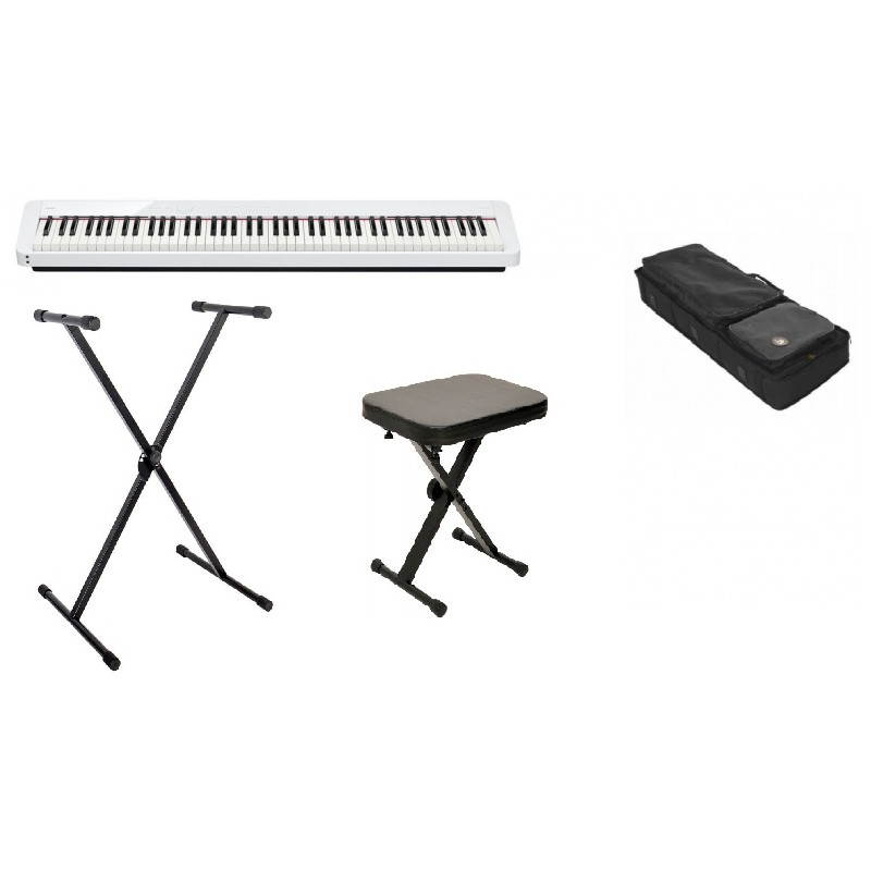 Biały keyboard, czarny stojak do keyboardu, czarny stołek do keyboardu, czarny pokrowiec na keyboard.