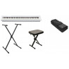 Biały keyboard, czarny stojak do keyboardu, czarny stołek do keyboardu, czarny pokrowiec na keyboard.