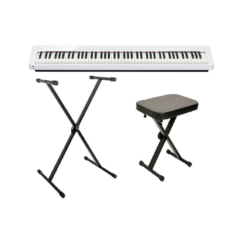 Biały keyboard na czarnym stojaku z czarną podstawą. 