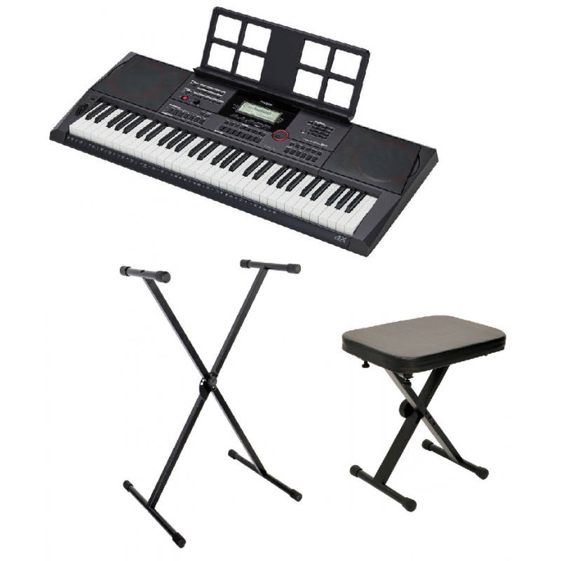 Czarny keyboard z podpórką i czarnym składanym stołkiem