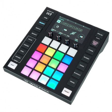 Czarny kontroler midi z kolorowymi przyciskami na którym widoczny jest napis WOLFHX.