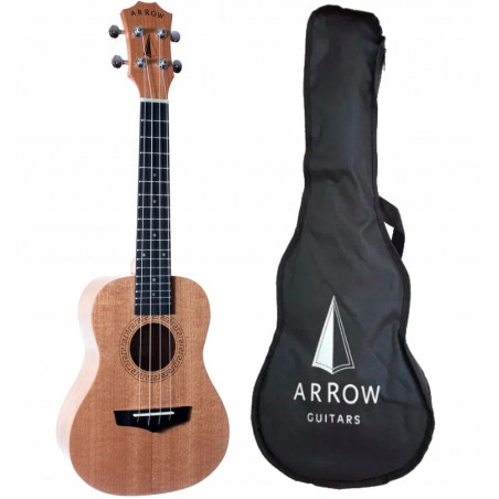 Brązowa gitara ukulele z czarnym pokrowcem.